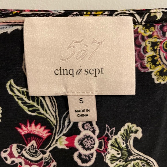 5a7 cinq a sept Blouse Small 100% Silk Black & Multi Floral & Paisley Smocked - Picture 3 of 11
